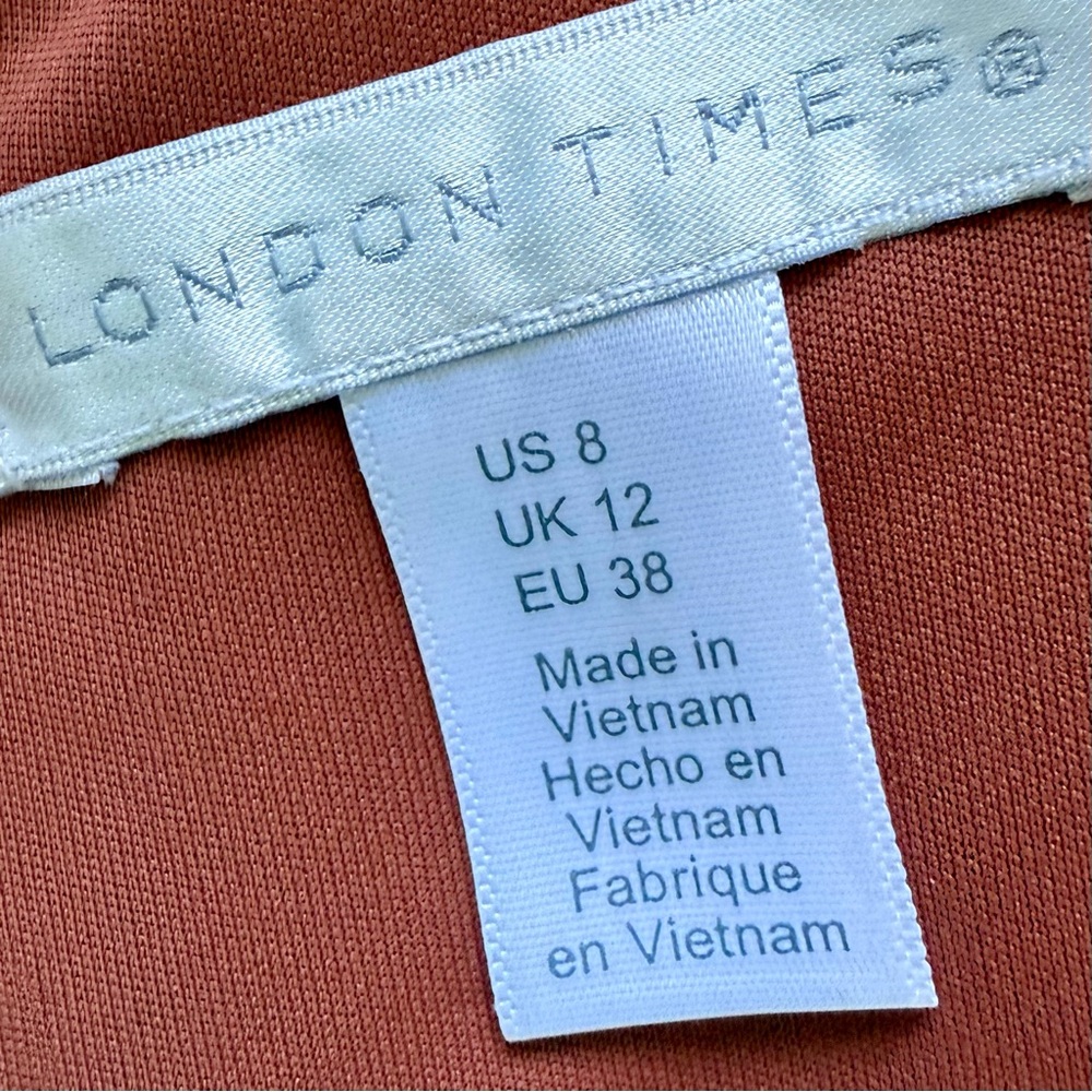 LONDON TIMES | Rust Colored Twisted Flounce-Hem Midi Dress Sz 8 - Picture 6 of 7